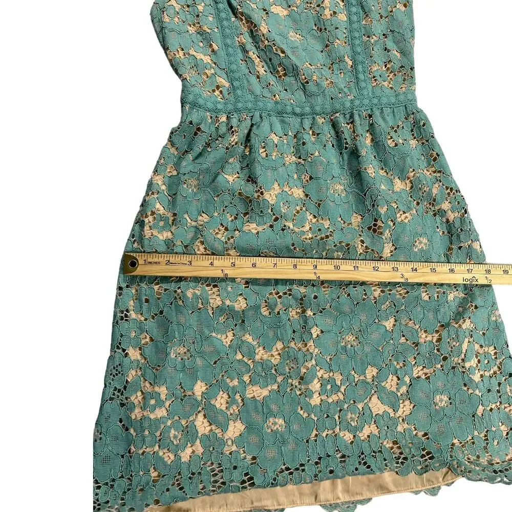 Chelsea & Violet Teal Lace Dress Nude Lined Sleeveless Square Neck Fit Flare XS - Picture 13 of 16